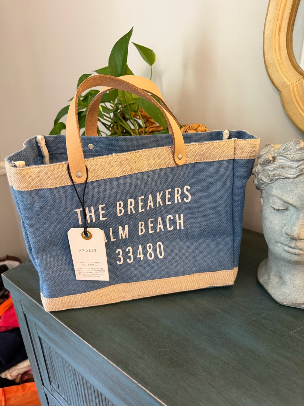 Apolis The Breakers Palm Beach Market Tote Blue & Natural Leather Handles NWT